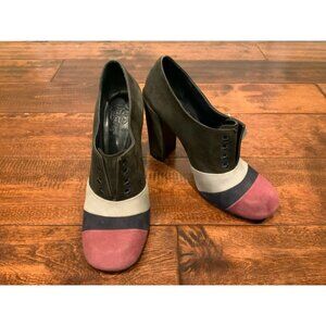 Tory Burch Brown, White, Pink & Navy Stella Lace-Less Oxfords Heels Size 7 (US)